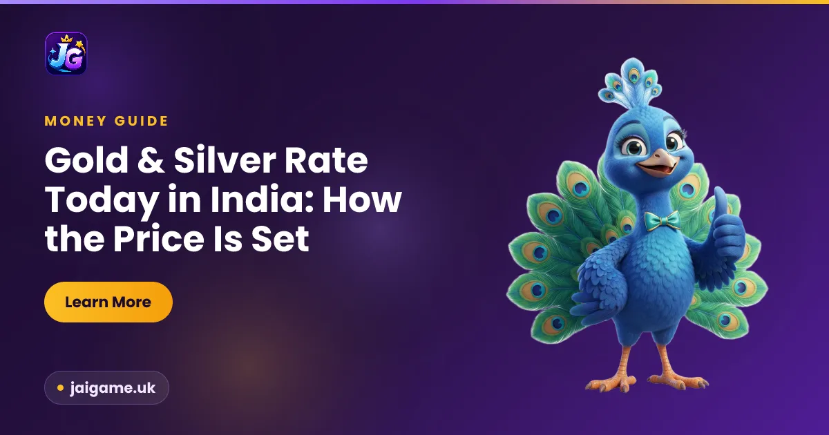 Gold and silver rate today in India — gold bars and silver coins beside a price chart