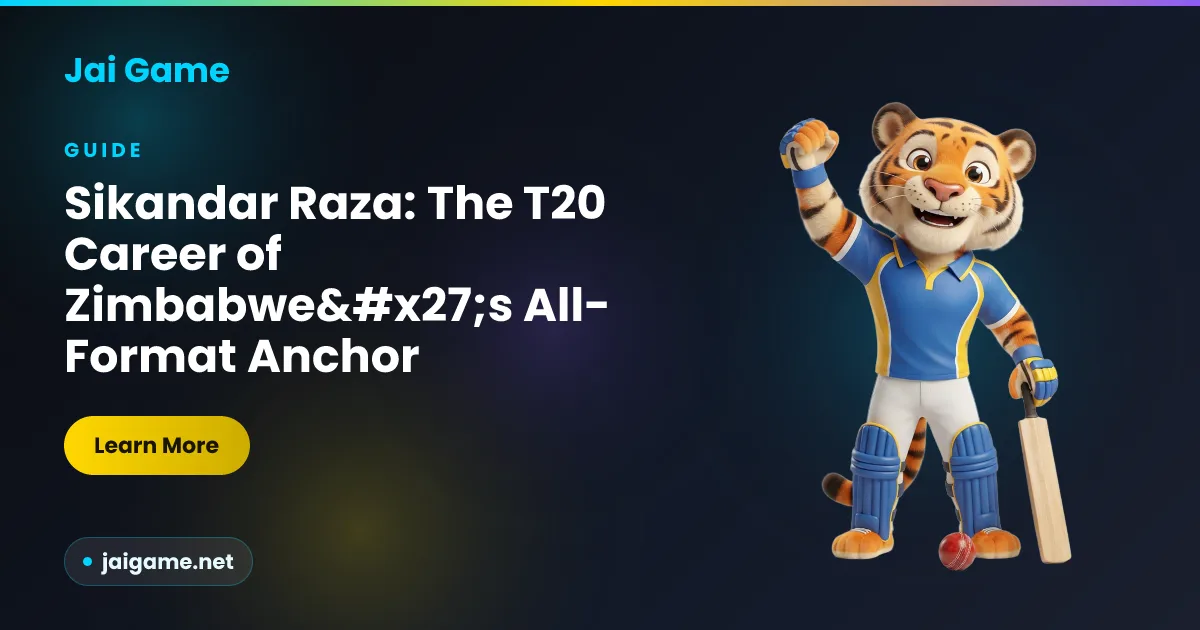 Career explainer graphic covering Sikandar Raza's off-spinning all-rounder role in T20 cricket, from Jai Game