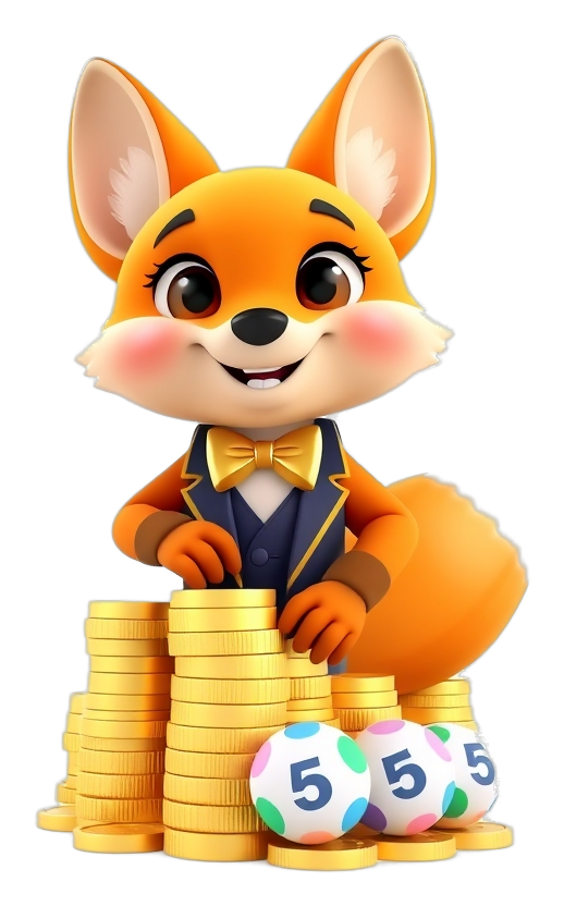 Lottery Game Bonus mascot leaning on a stack of gold coins