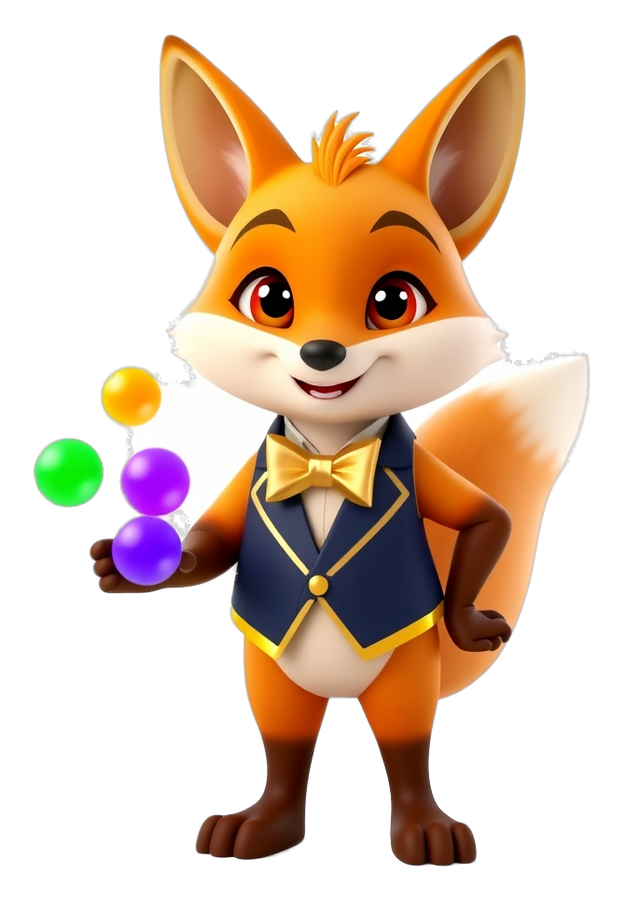 Lottery Game Bonus mascot holding green, red and violet prediction orbs