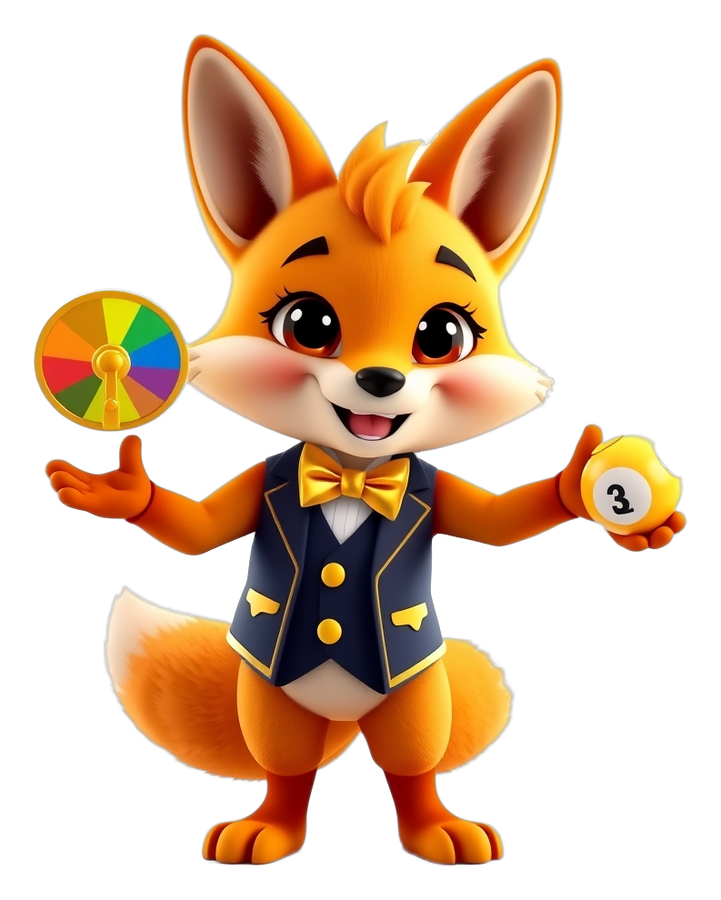 Lottery Game Bonus mascot juggling a colour wheel, timer and lottery balls
