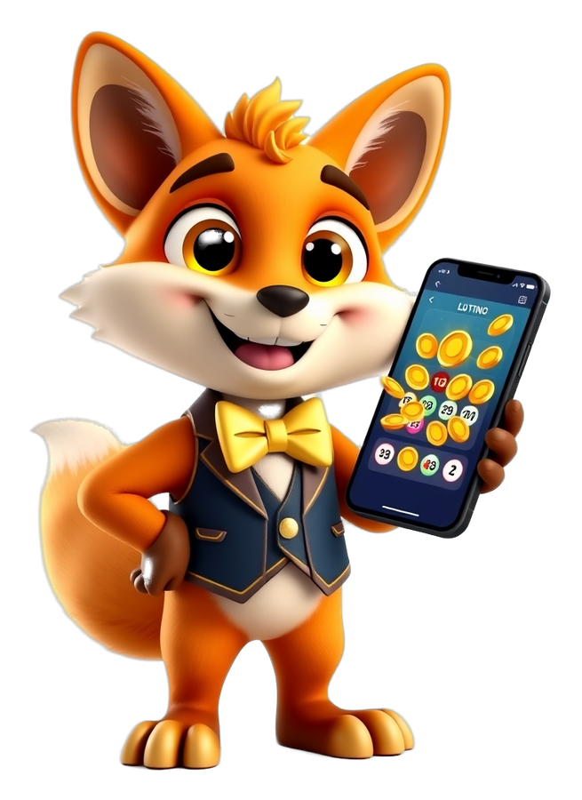 Lottery Game Bonus mascot showing a lottery app with gold coins