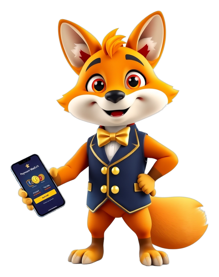 Lottery Game Bonus mascot with a mobile payment wallet and gold coins