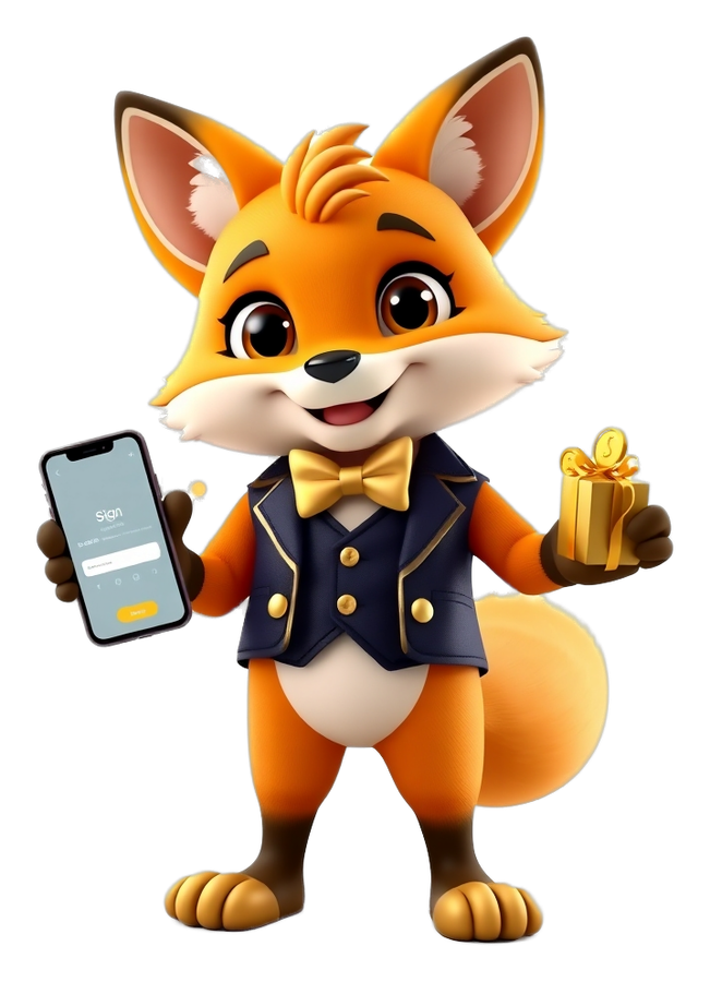 Lottery Game Bonus mascot presenting a sign-up reward and gold coins
