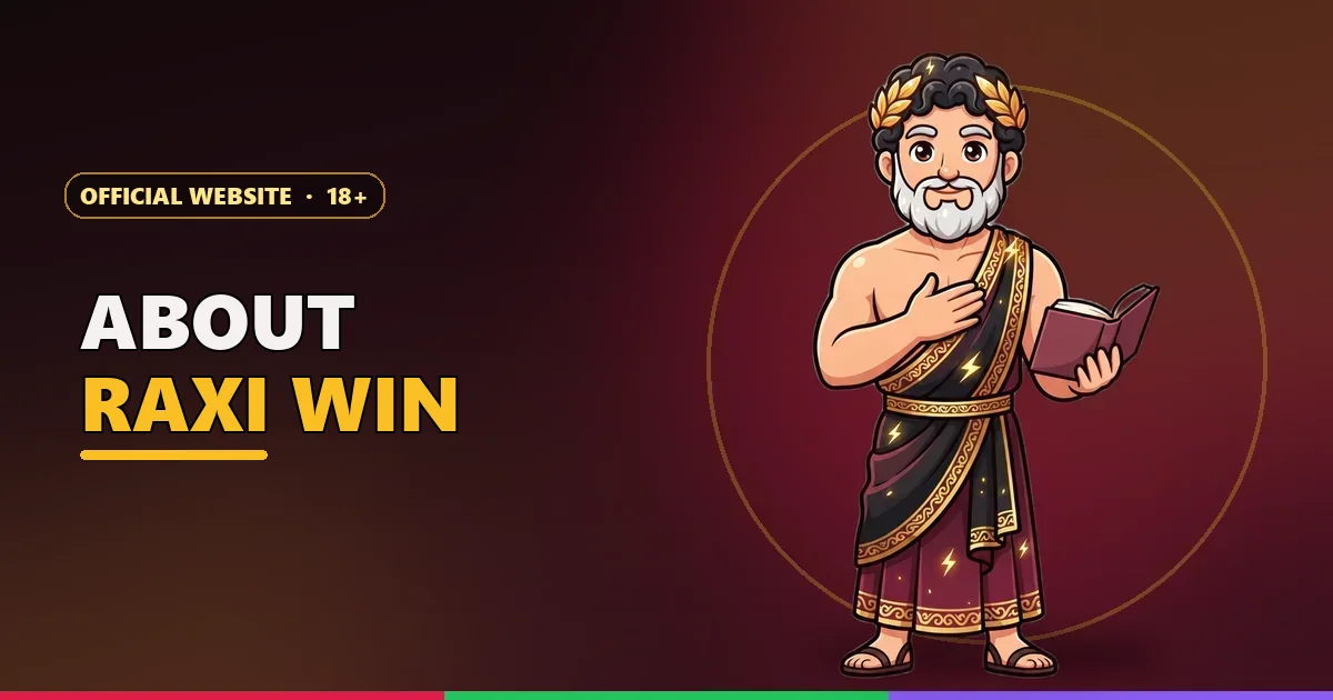 Zeus mascot holding an open book for About Raxi Win