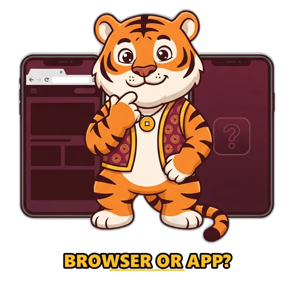 Lucky tiger mascot comparing the real Raxi Win app icon on a home screen with a loose APK file