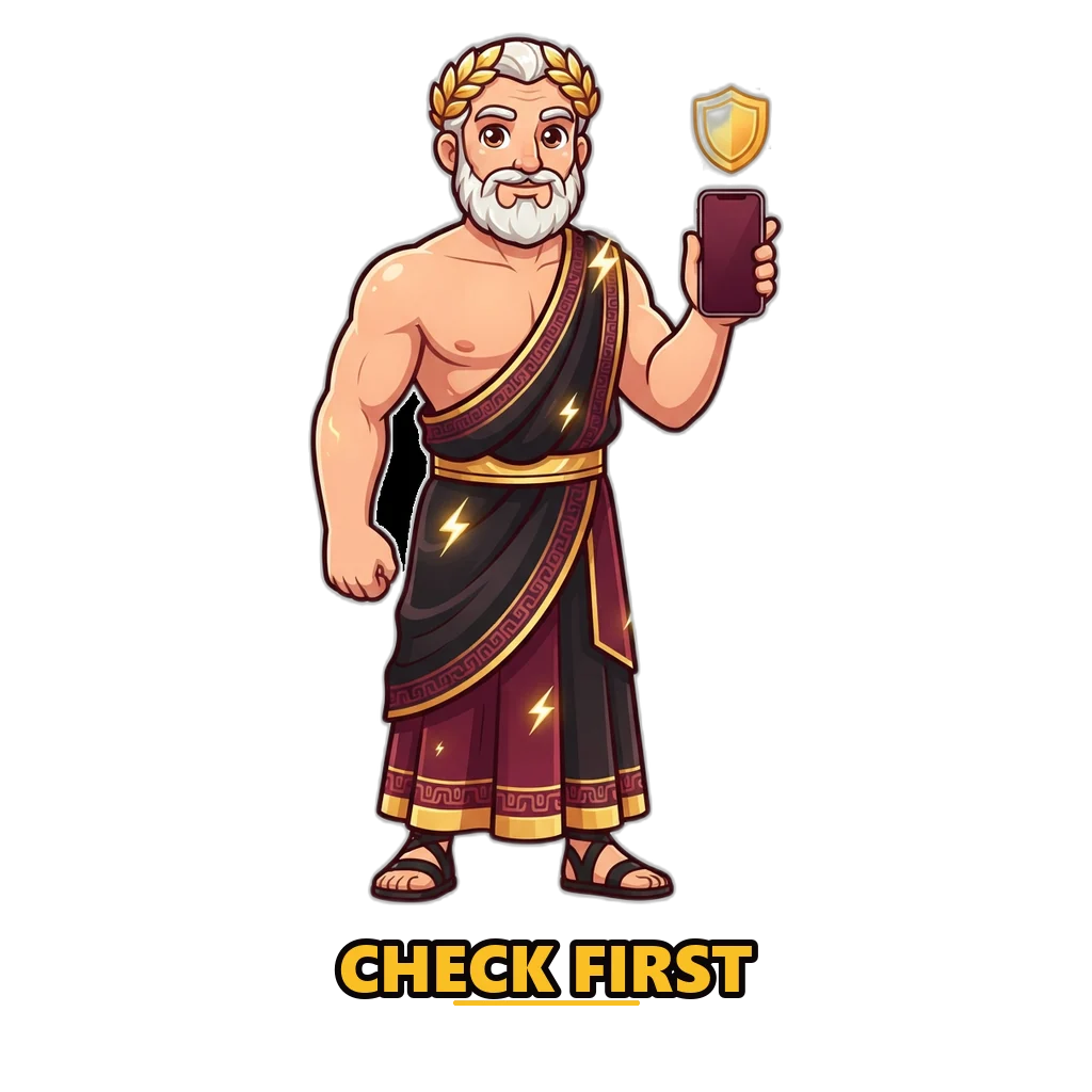 Zeus mascot holding a phone with a gold shield: the Raxi Win app installs from this website, no Raxi Win APK needed