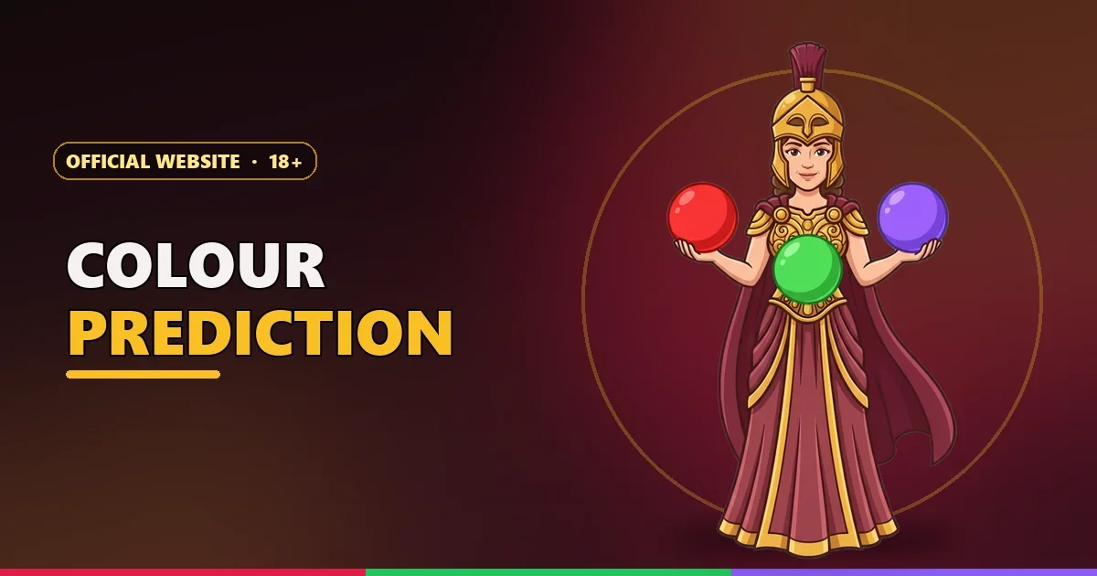 Athena mascot holding red, green and violet balls for the colour prediction game