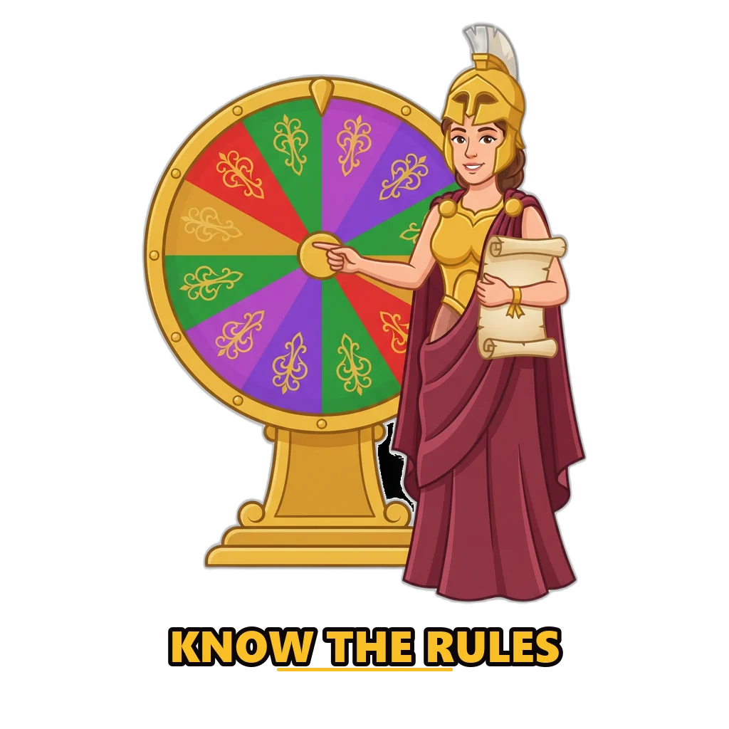 Athena mascot beside a green, red and violet number wheel showing the colour prediction game rules