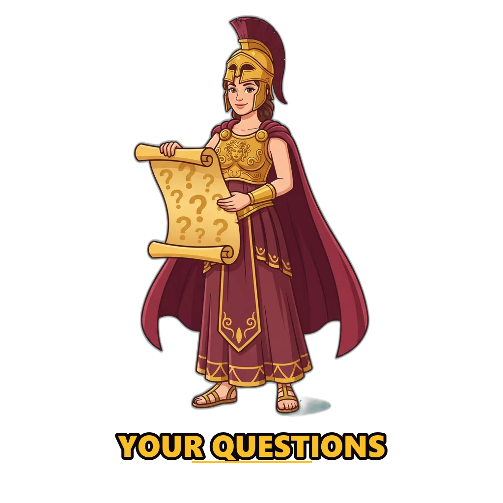 Athena unrolling a scroll of questions for the Raxi Win FAQ