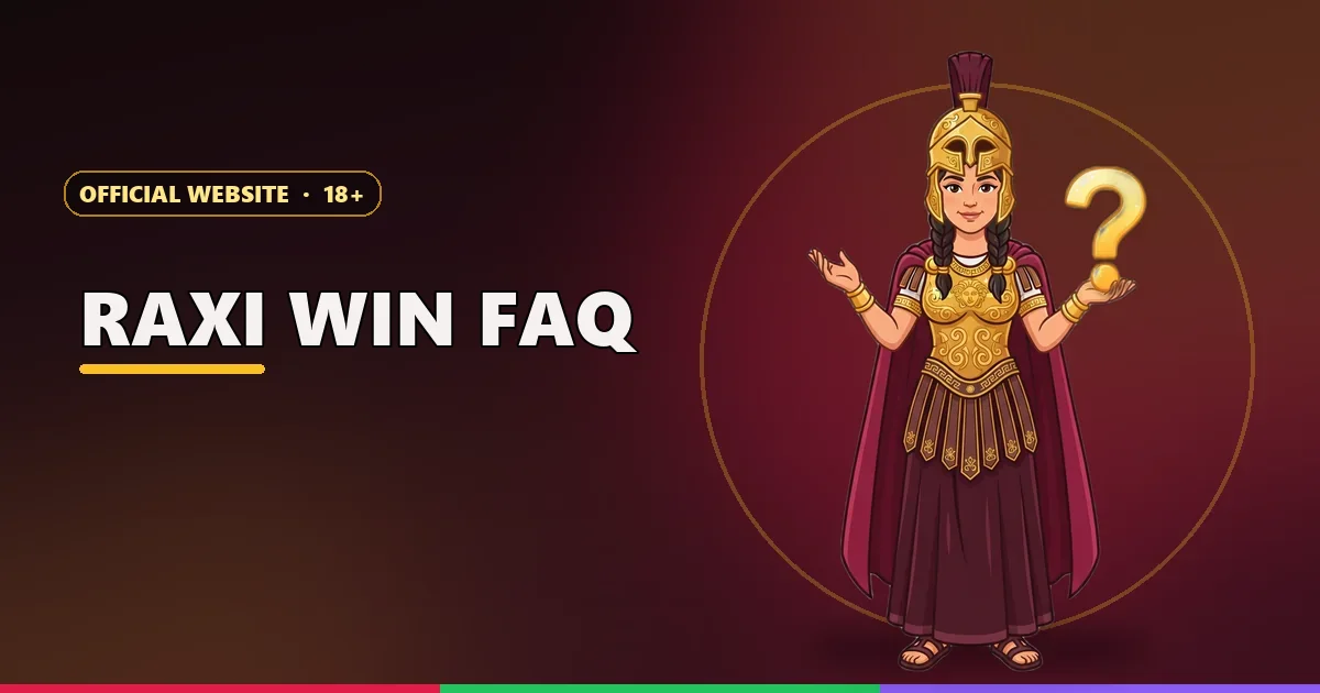 Athena mascot holding a golden question mark for the Raxi Win FAQ