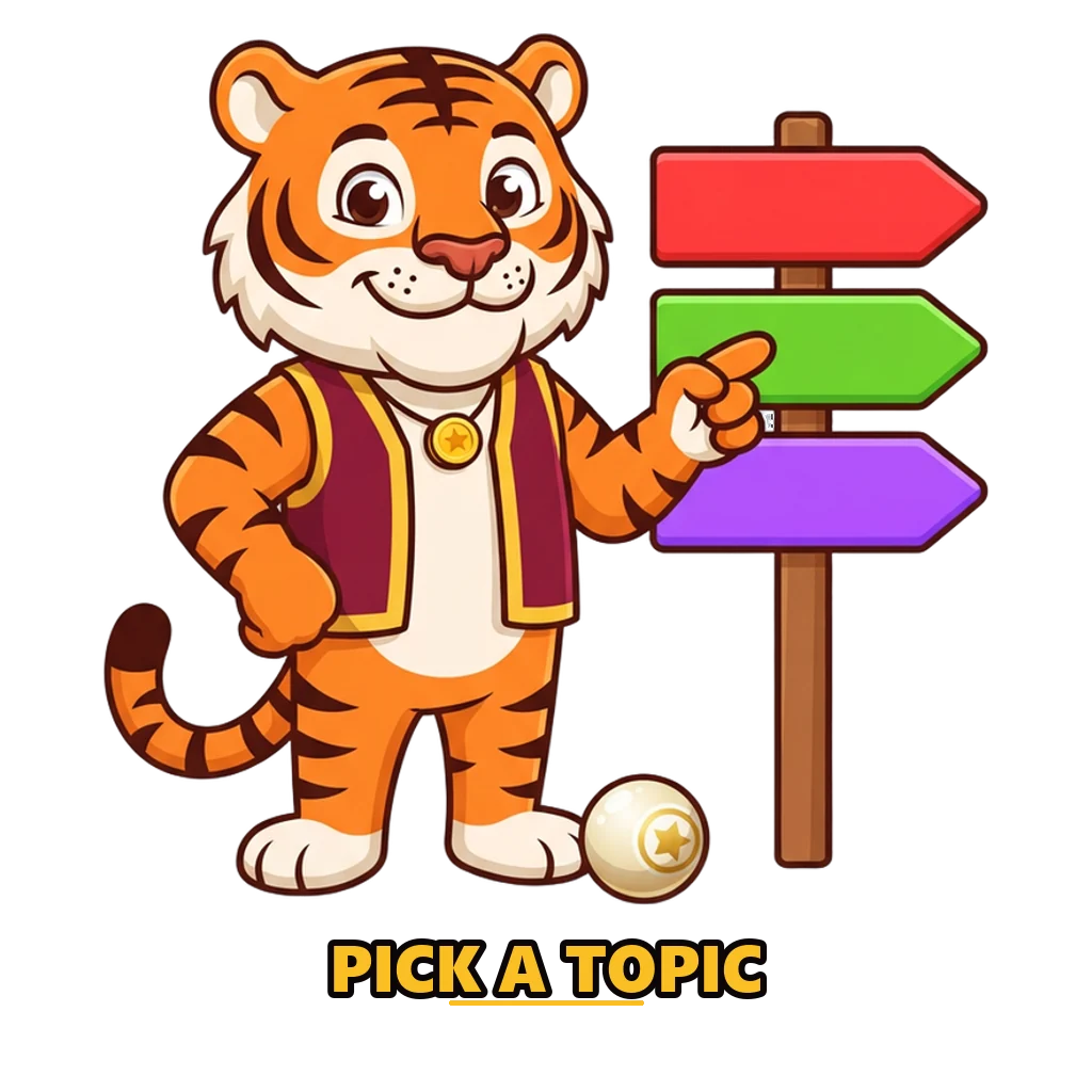 Lucky tiger pointing at red, green and violet signposts for Raxi Win game questions