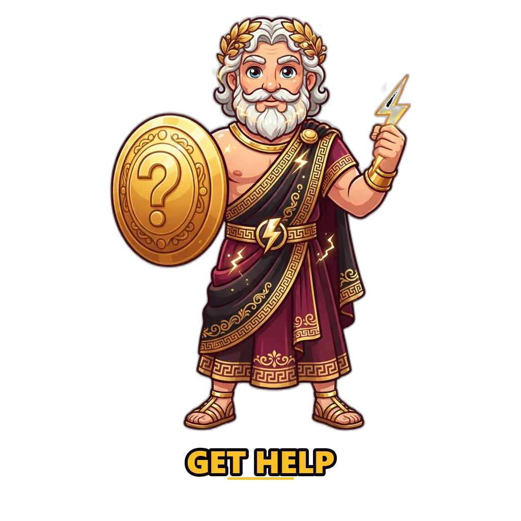 Zeus holding a golden help shield to show where Raxi Win players can get support