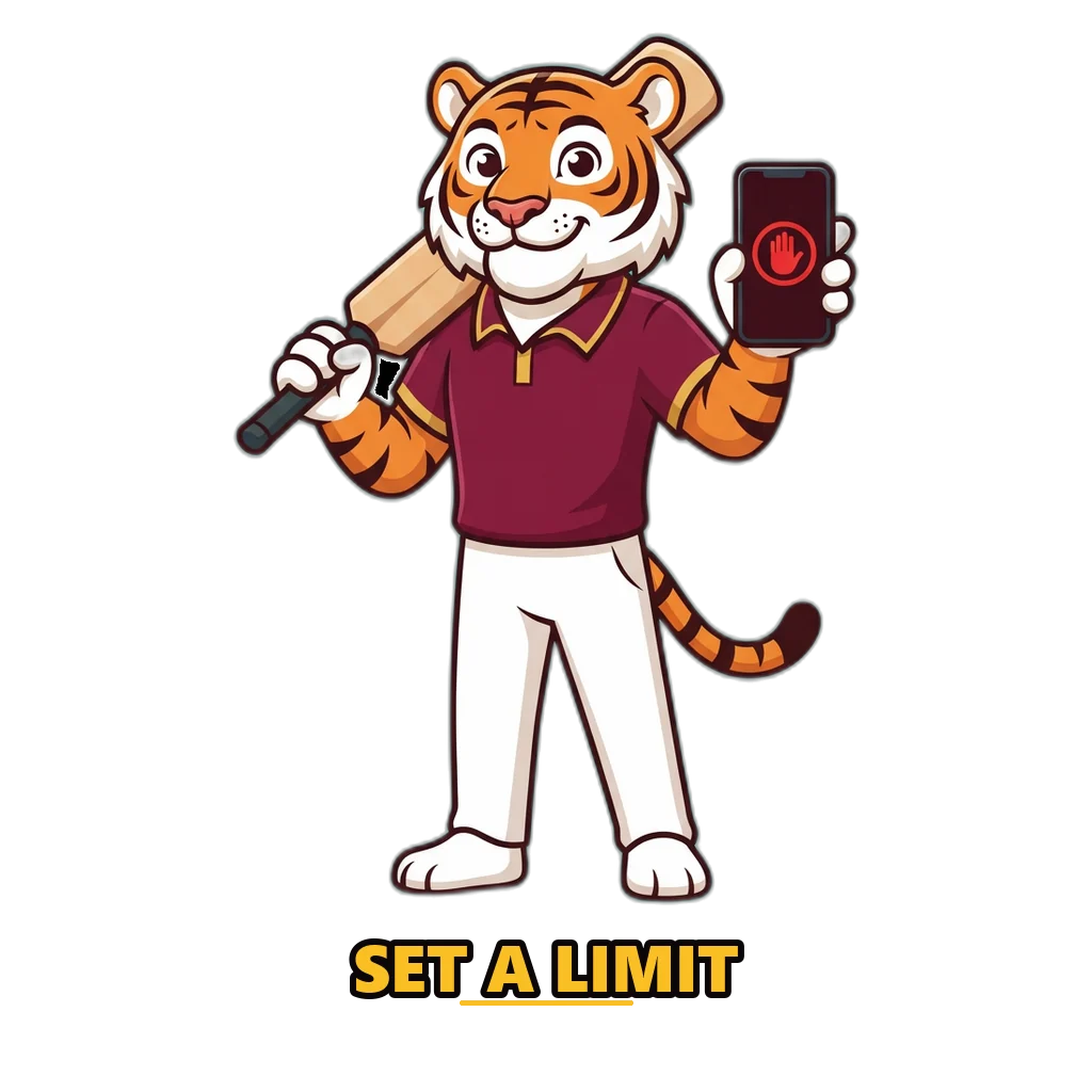 Cricket-playing tiger holding a phone as a reminder to set a time limit between Raxi Games rounds