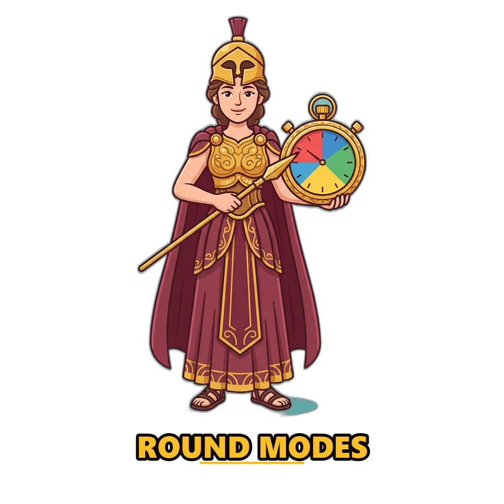 Athena pointing at a round stopwatch showing the four Raxi Win round modes: 30 seconds, 1, 3 and 5 minutes
