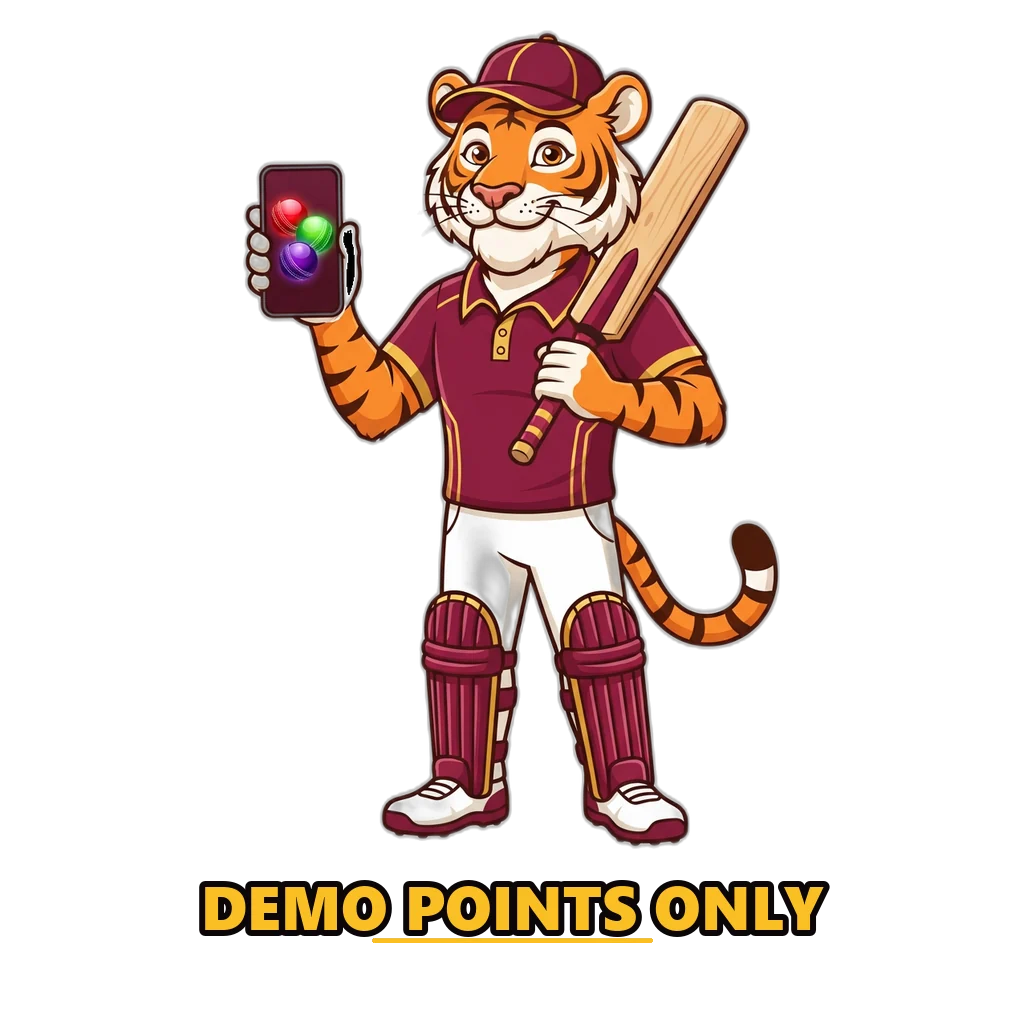 Cricket-playing tiger holding a phone that shows a free Raxi Win round with a timer and points