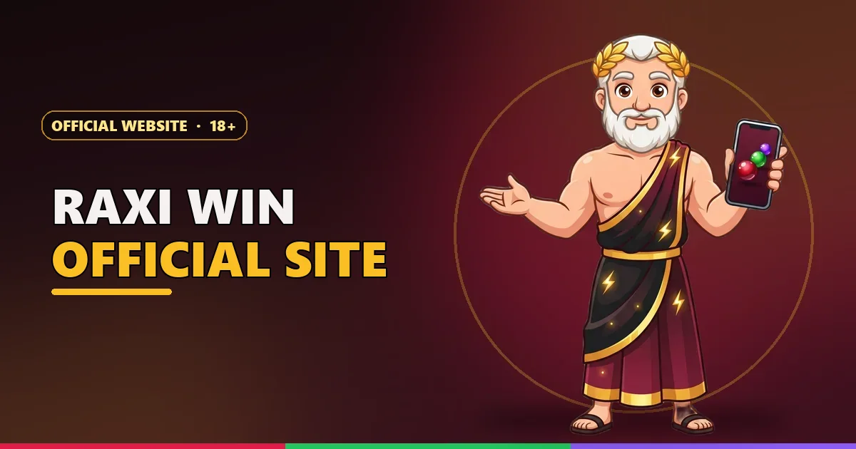 Raxi Win official website banner with the Zeus mascot holding the colour prediction game