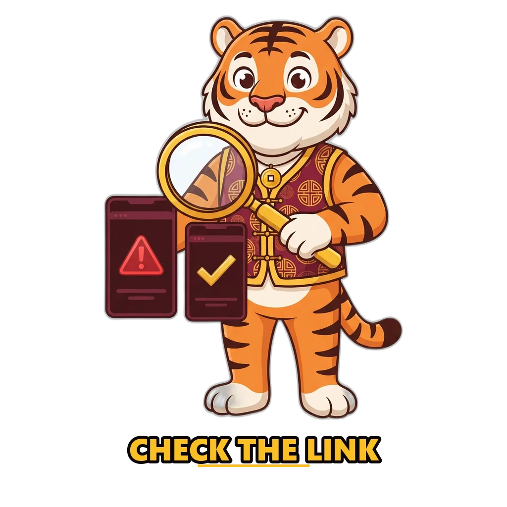 Lucky tiger with a magnifying glass checking the Raxi Win website address against a fake copy