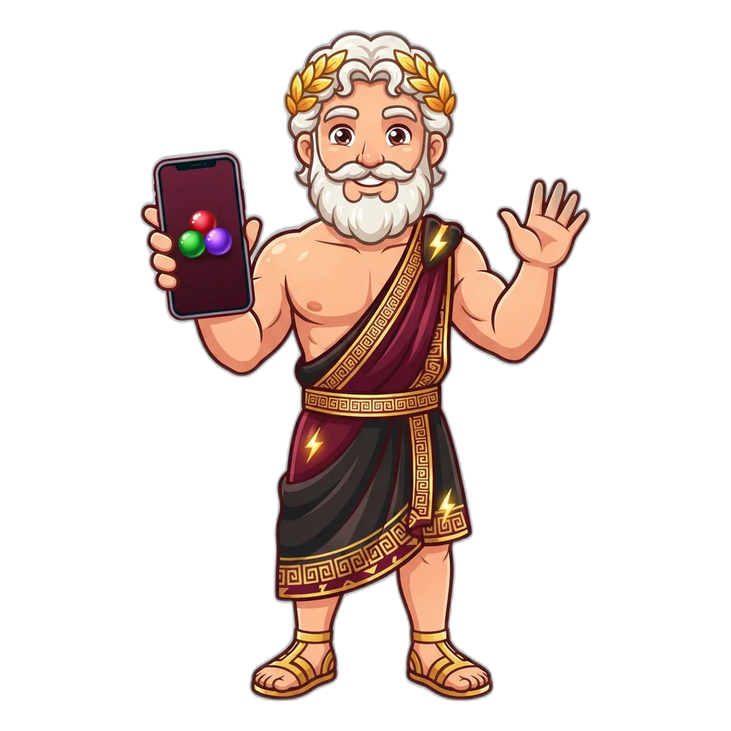 Zeus mascot welcoming players to the official Raxi Win website with a phone showing the colour game