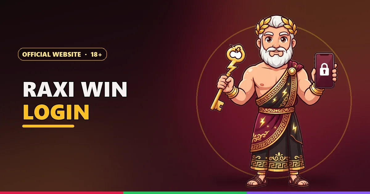 Zeus mascot with a golden key and a locked phone for Raxi Win login
