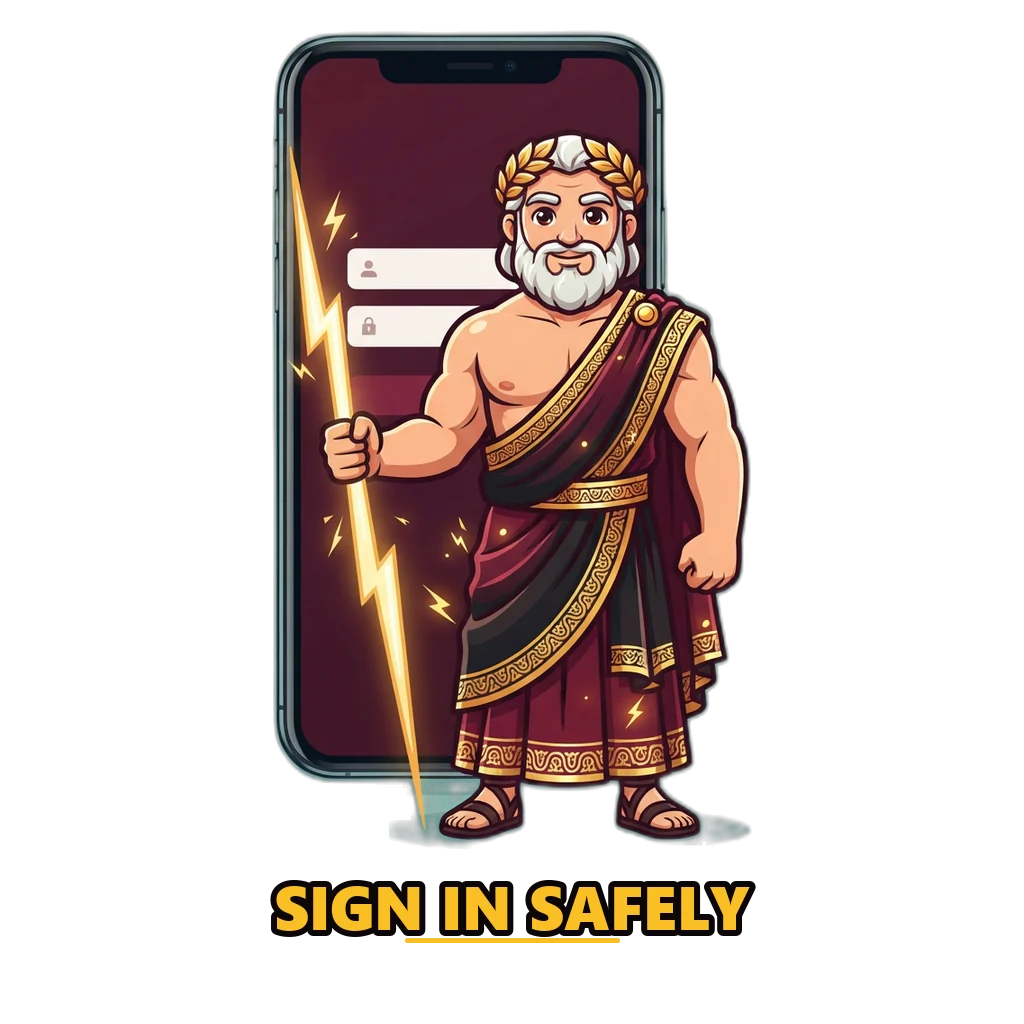 Raxi Win login form with username and password on a phone, guarded by a Zeus mascot