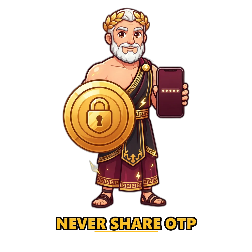 Zeus mascot holding a padlock shield in front of a hidden Raxi Win password field