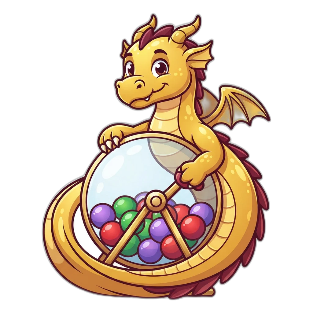 Golden dragon turning a draw drum of ten numbered balls, showing how the Raxi Win Lottery draws one number from 0 to 9