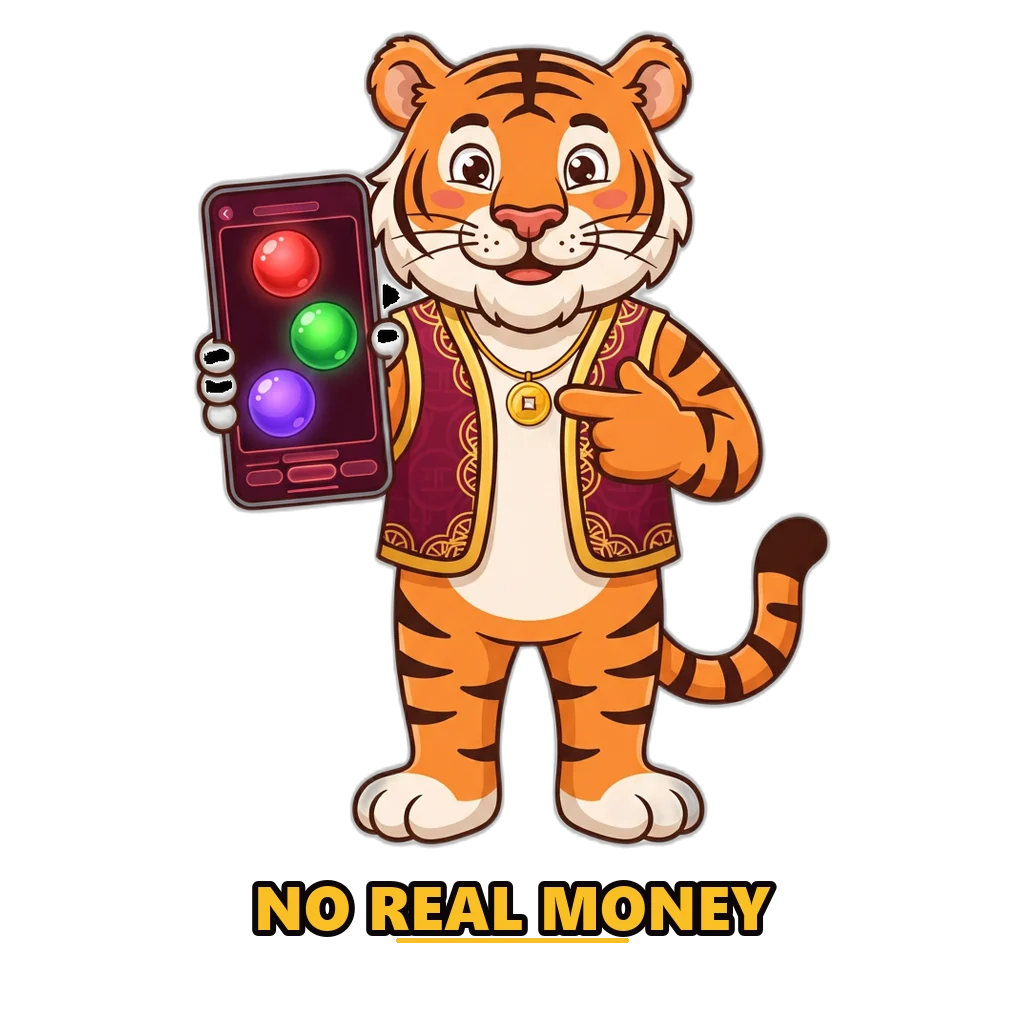 Lucky tiger pointing at the Raxi Win game on a phone, with colour balls and points that have no cash value