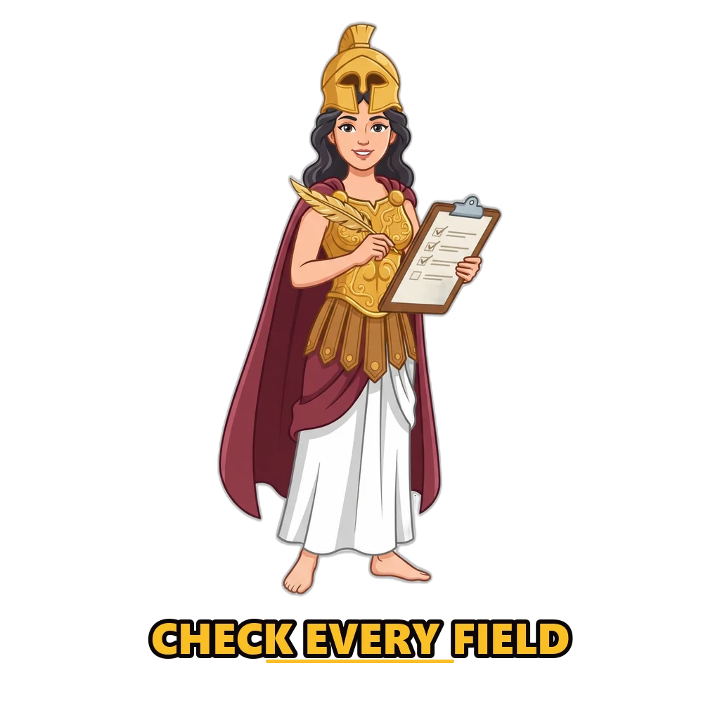 Athena mascot ticking off a Raxi Win register checklist with a gold quill