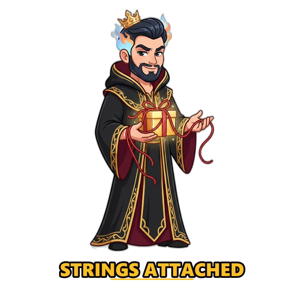 Hades mascot holding a string-tied gift box, a reminder that Raxi Win registration never needs an invite or gift code