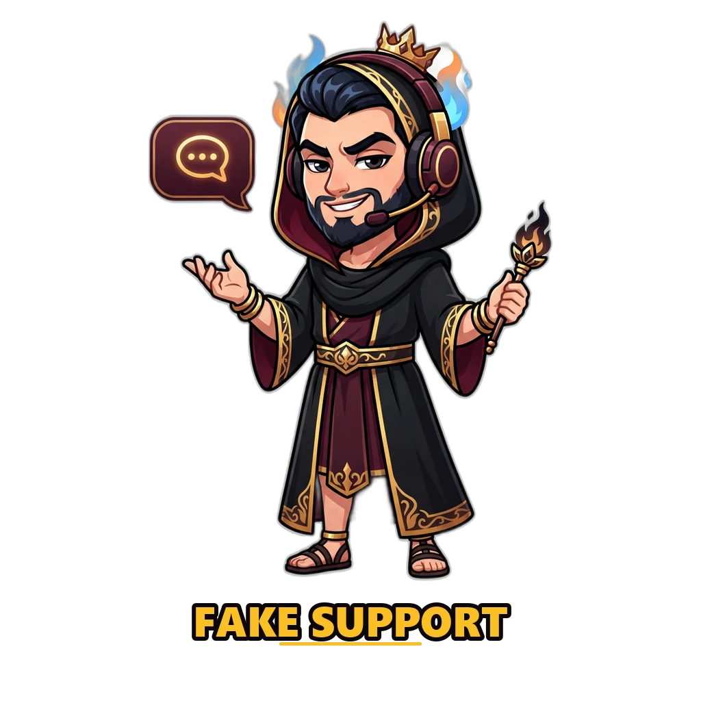 Hades mascot posing as a fake Raxi Win support agent, with a chat bubble asking for an OTP