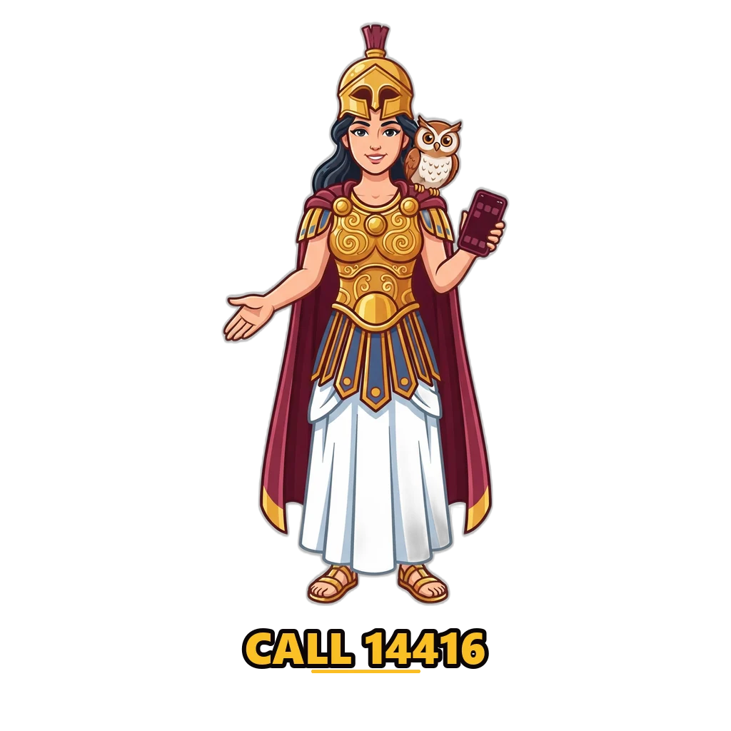 Athena mascot offering a helping hand and the free 14416 helpline for Raxi Win players