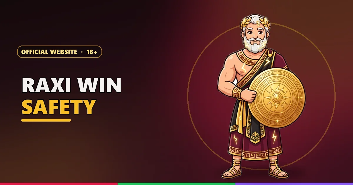 Zeus mascot holding a gold shield for Raxi Win safety