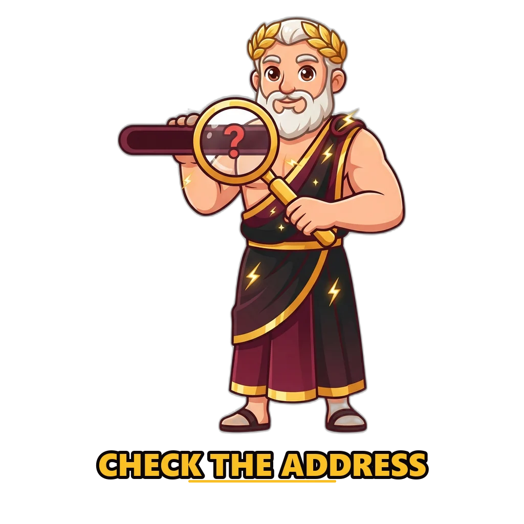 Raxi Win safety check: Zeus mascot holding a magnifying glass over a browser address bar with a green tick