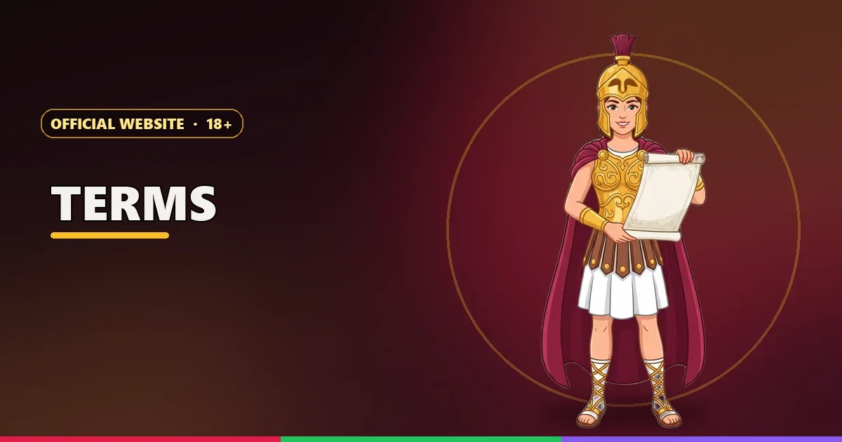Athena mascot holding a scroll for the Raxi Win terms and conditions