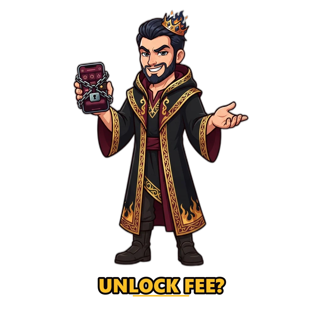 Hades mascot holding a padlocked phone and demanding an unlock fee, a scam that never comes from Raxi Win