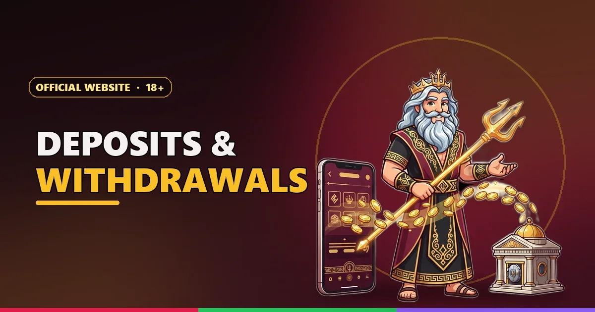 Poseidon mascot beside a phone and a bank for Raxi Win withdrawal questions