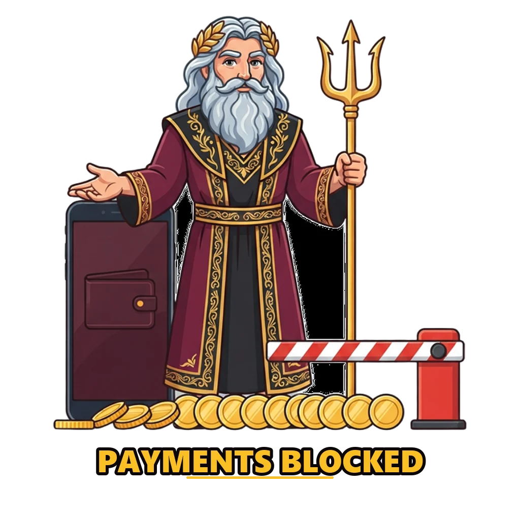 Poseidon beside a red barrier between a phone and a bank: no Raxi Win withdrawal, points never become money