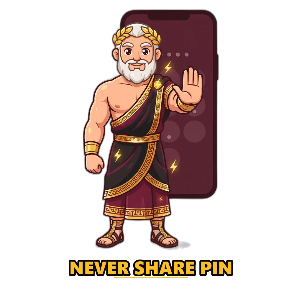 Zeus mascot guarding a phone PIN keypad with a stop gesture, reminding Raxi Win players never to share a PIN or OTP