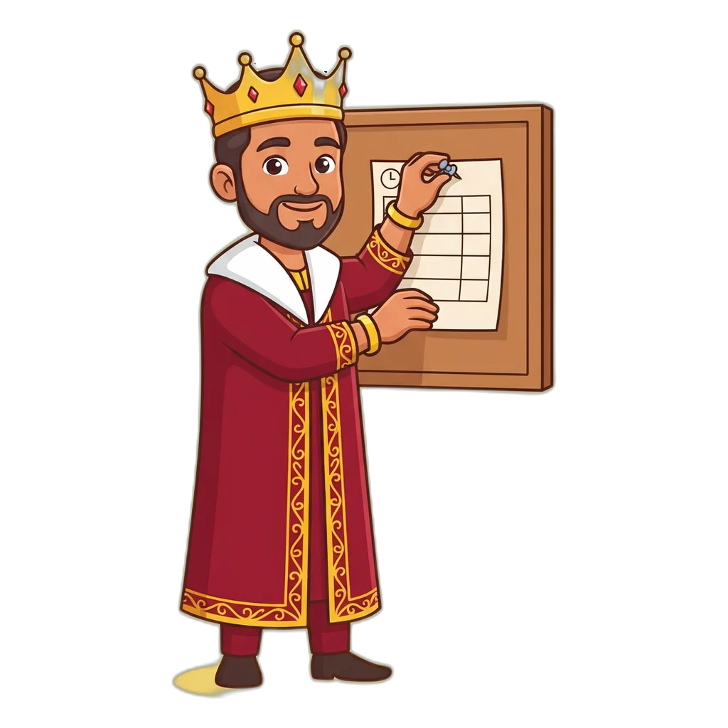 Cartoon king mascot pinning a results sheet to a notice board, about Satta King Ultra Fast and how it works