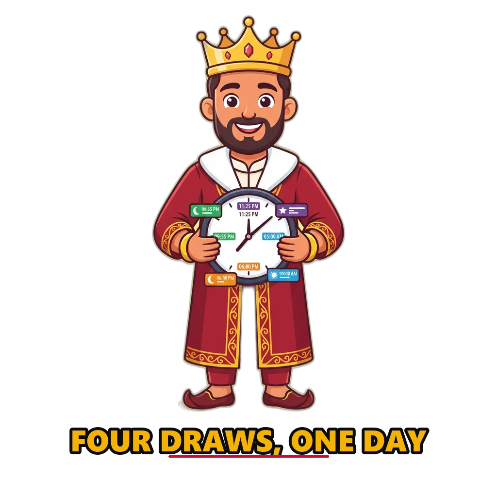 Cartoon king mascot holding a clock marked with the four main draw times