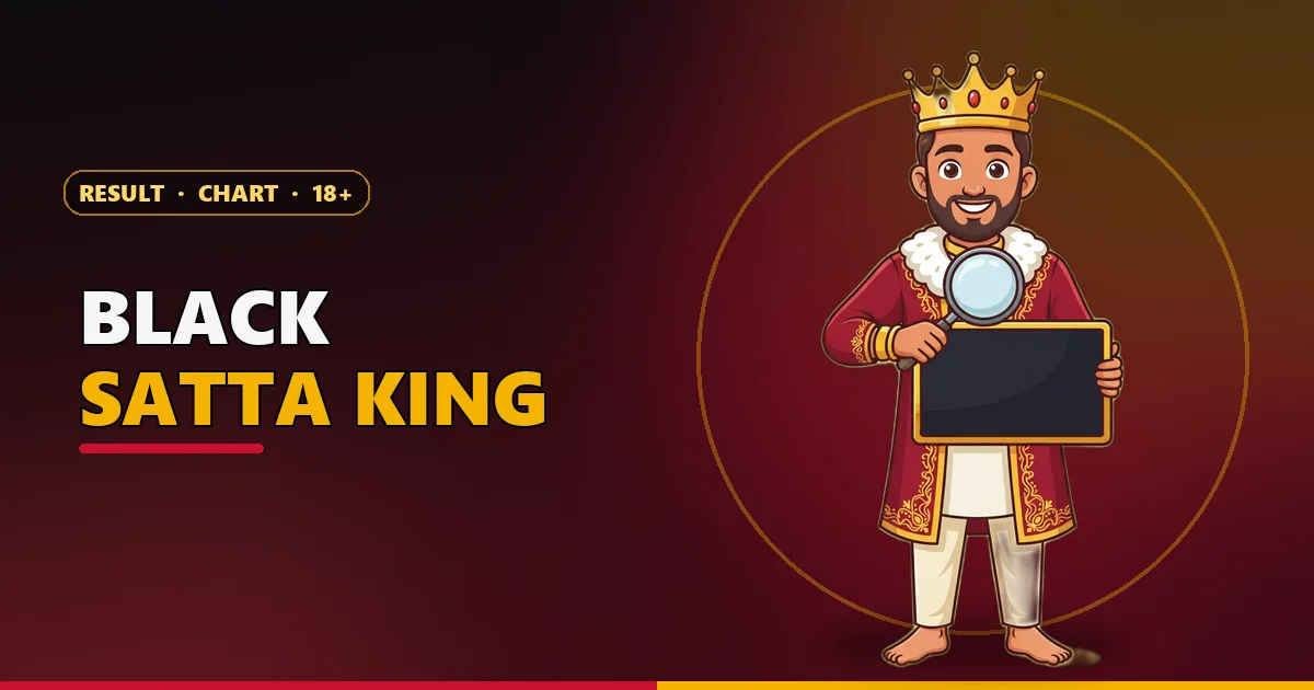 Cartoon king mascot with a magnifying glass over a dark signboard for the Black Satta King page