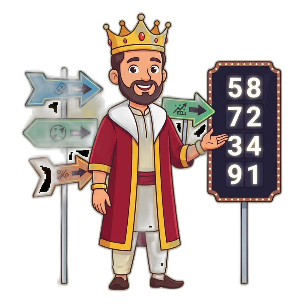Cartoon king mascot showing that Black Satta King and other site names point to the same four draws