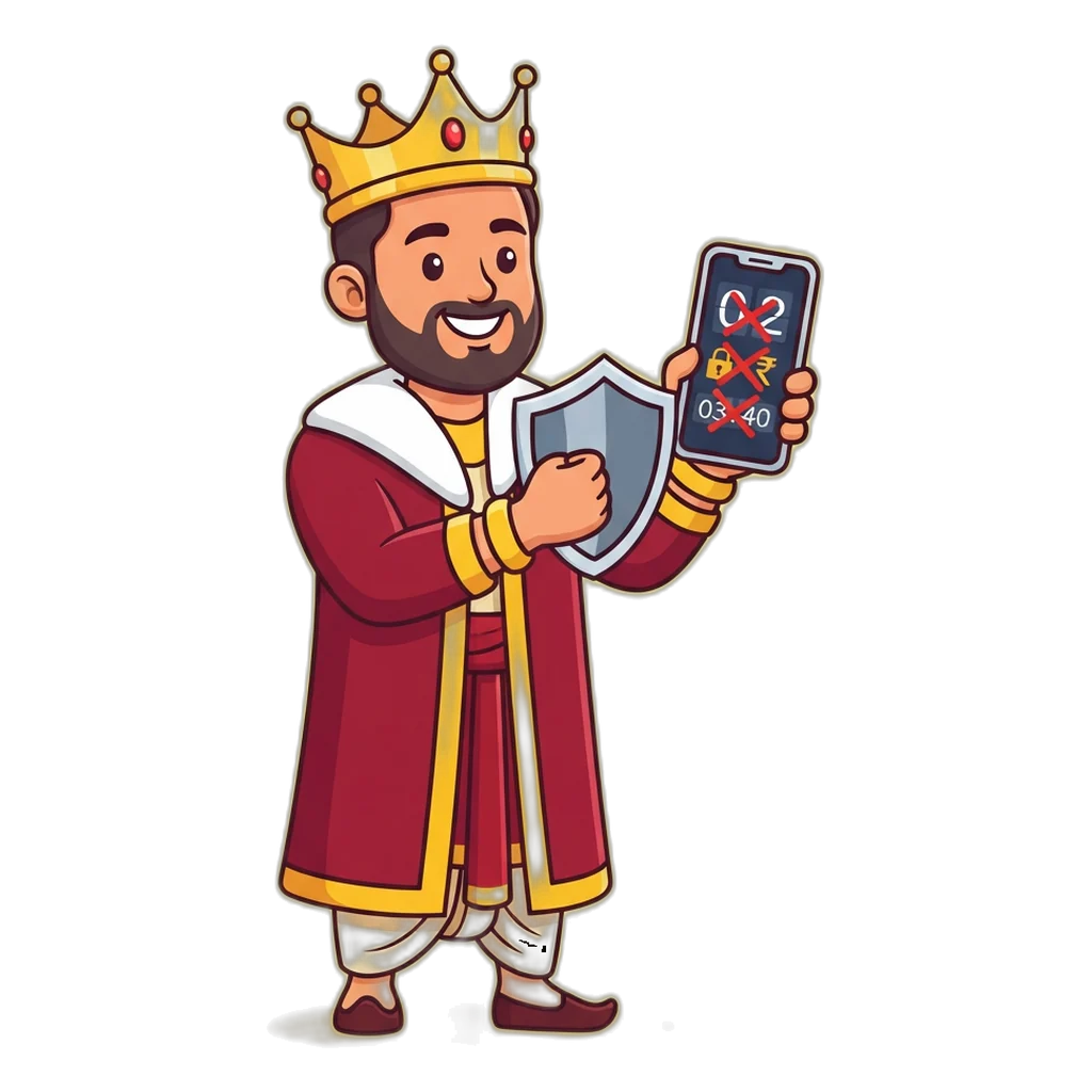 Cartoon king mascot raising a shield against a phone message asking for a fee for a number