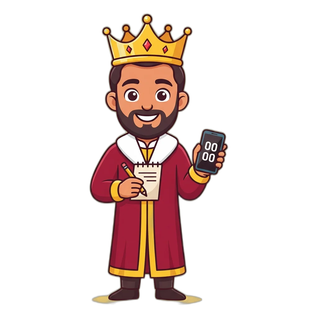 Cartoon king mascot with a notepad and phone, ready for readers who contact Satta King Ultra Fast