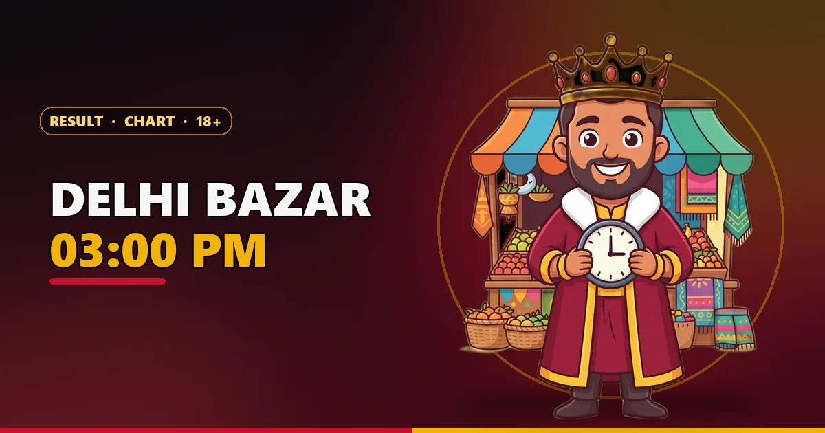 Cartoon king mascot at a market stall with a clock at 03:00 PM for the Delhi Bazar Satta King page