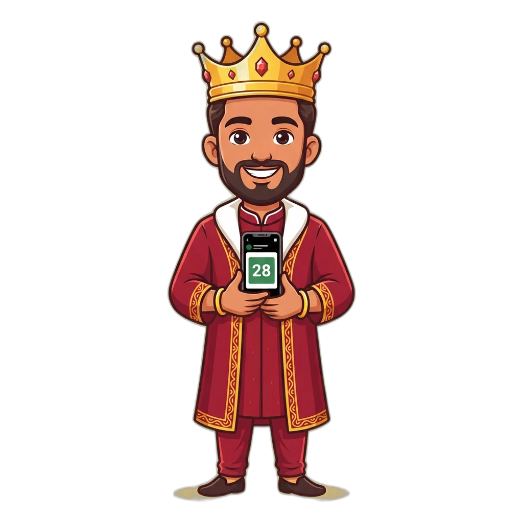 Cartoon king mascot holding a phone showing the Delhi Bazar Satta King result card