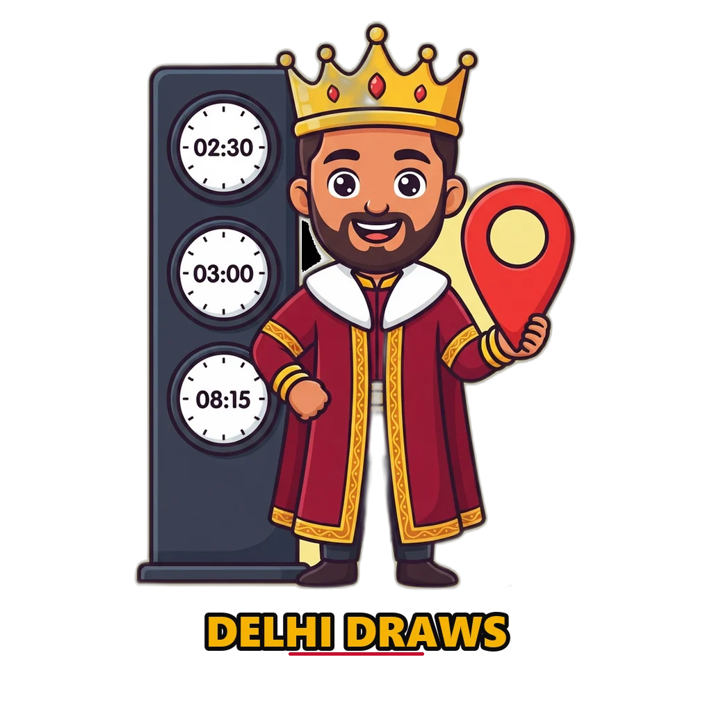 Cartoon king mascot with three clocks showing Delhi Satta King draw times and a Delhi map pin