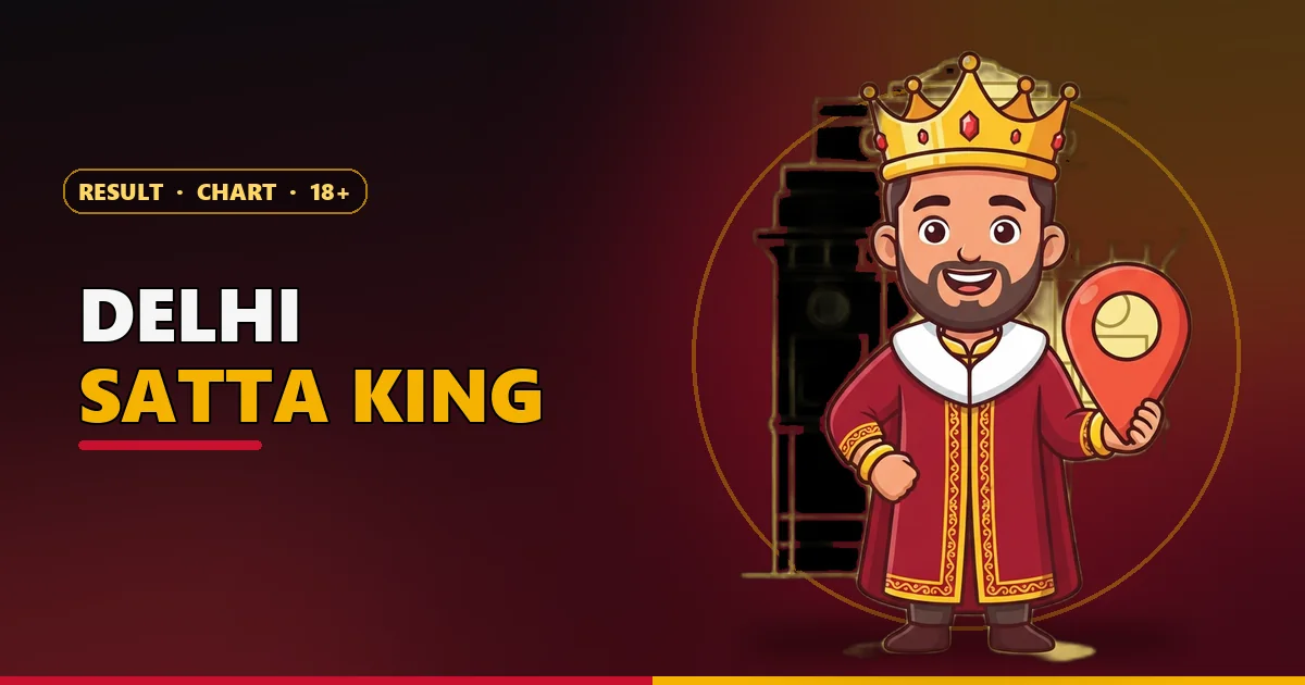 Cartoon king mascot with a map pin in front of India Gate for the Delhi Satta King page