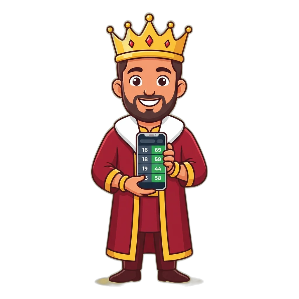 Cartoon king mascot holding a phone that shows the Delhi draws result board